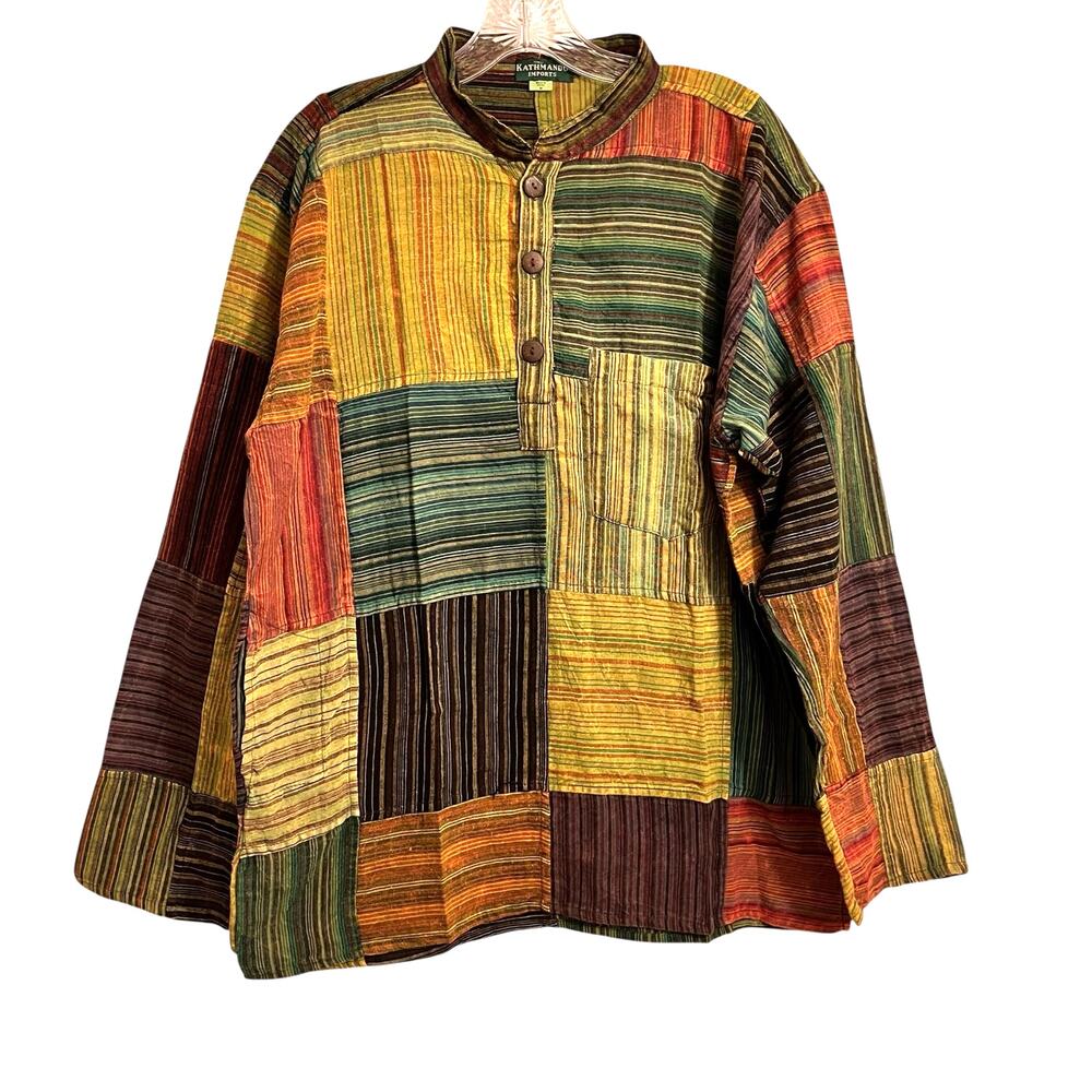 Kathmandu Imports Patchwork Button Front Shirt M Hippie Boho